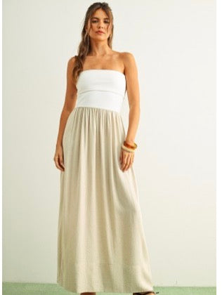 LINEN WITH RIBBED KNITTED TOP COMBO DRESS