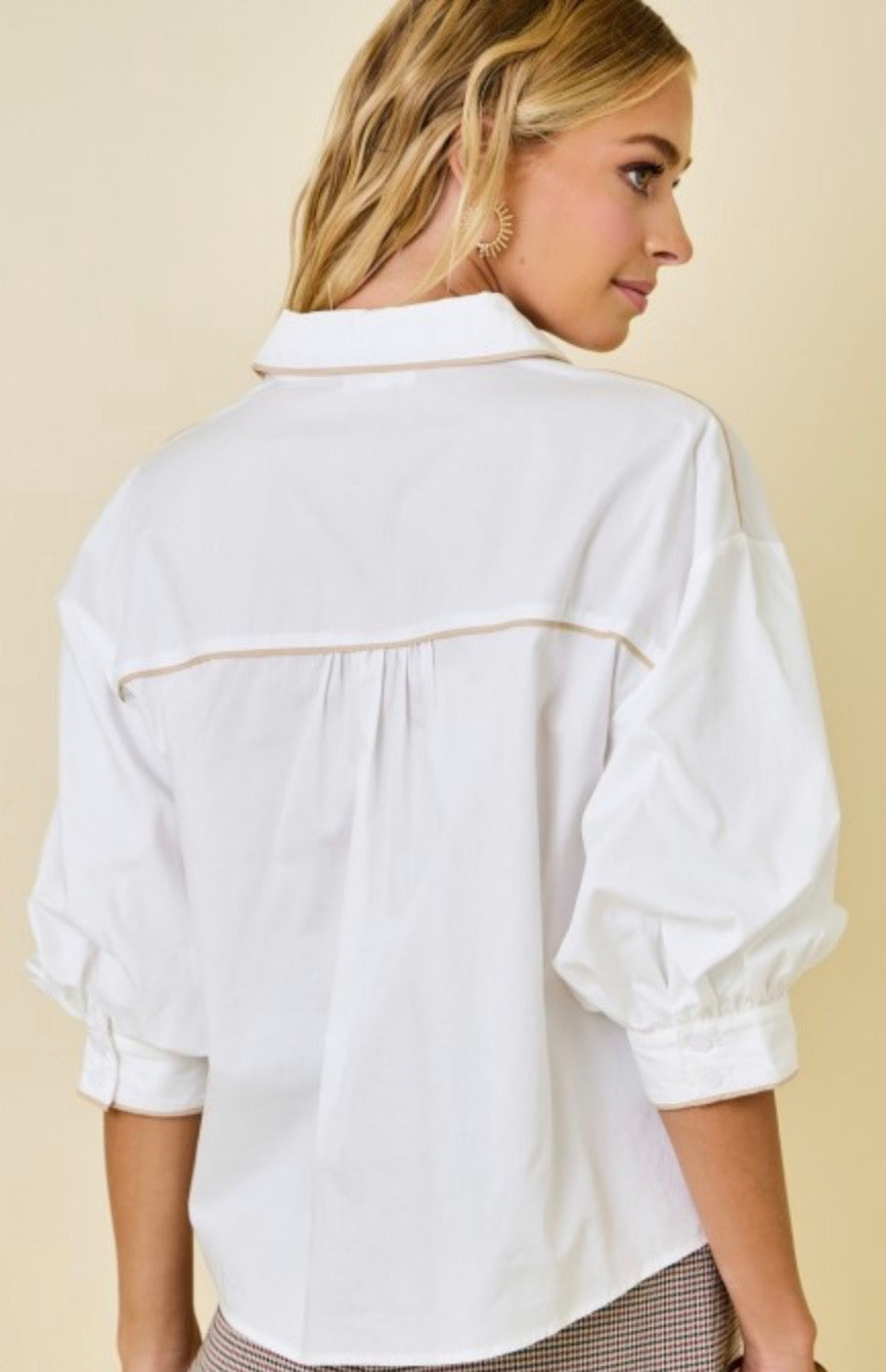 Button Down Shirt W/bubble Sleeves&contrast Piping