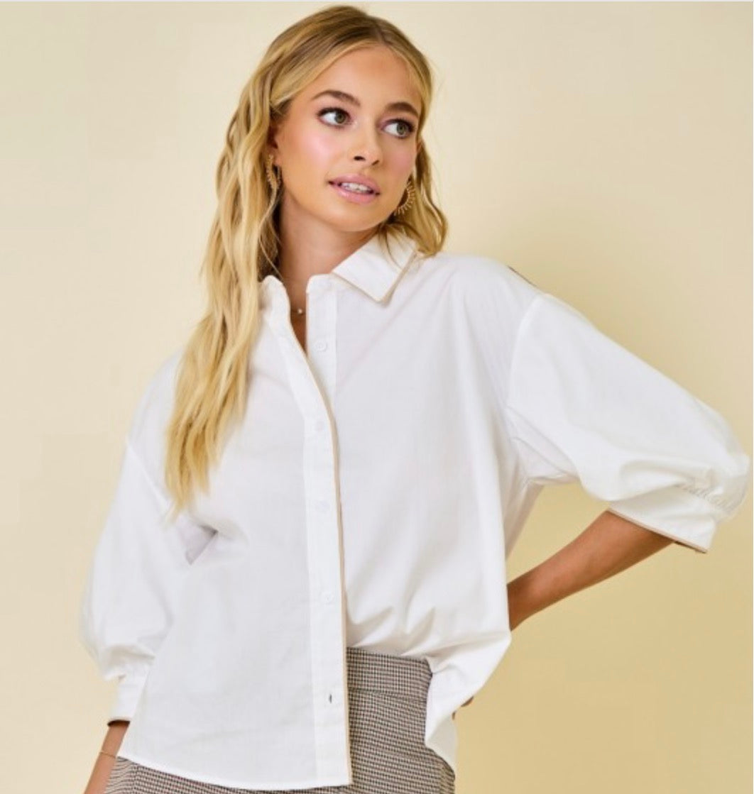 Button Down Shirt W/bubble Sleeves&contrast Piping