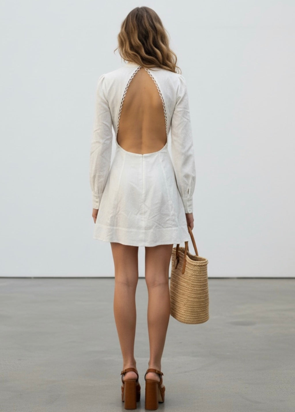 Lace Trim High Neck Open -Back Mini Dress Whit Long Slee